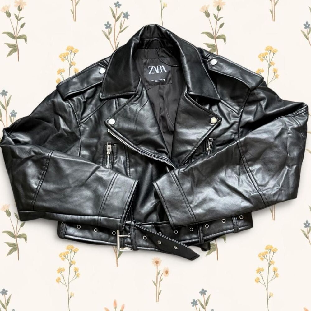 Zara Black Faux Leather Biker Jacket with Zippers and Belt - Small